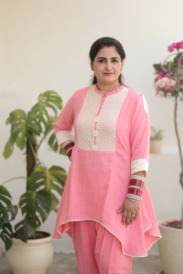 AAVARNAM by RENU - Crochet Detail Mul Cotton Shirt & Dhoti Set