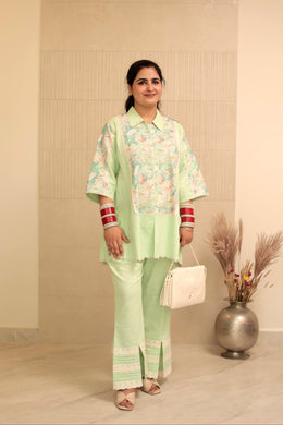 AAVARNAM by RENU - Cotton Shirt With Crochet Detail & Lower Set